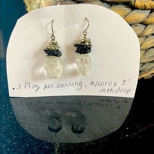 Silver toned, black and clear dangle earrings- no back, fish hook style